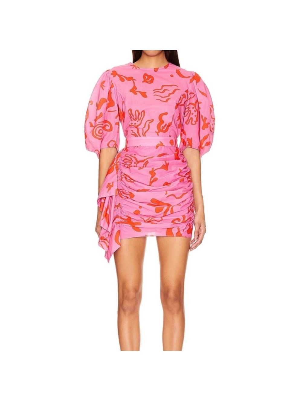 RHODE Pia Floral Cotton Mini Dress Pink Botanical Abstract Size 8 Puff Sleeve